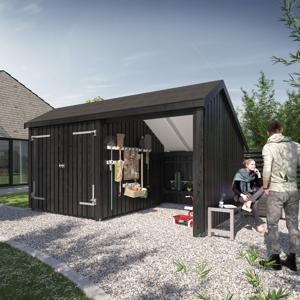 Multi Havehus 10,5 m&sup2; - 2 moduler m/dobbeltdør og åben front - inkl. tagpap/alulister