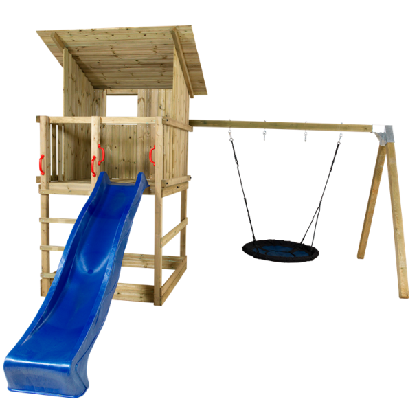 PLUS Play Legetrn m/skrt tag inkl. gyngestativ bl rutsjebane og redegynge