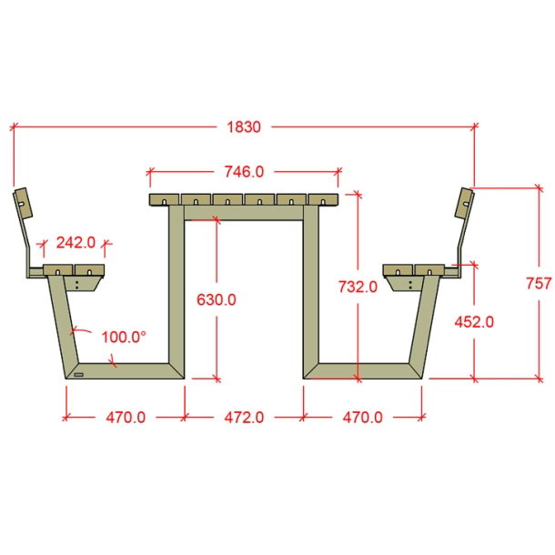 Plus Wega Bord/Bnkest m/2 rygln - 177 cm - Teak